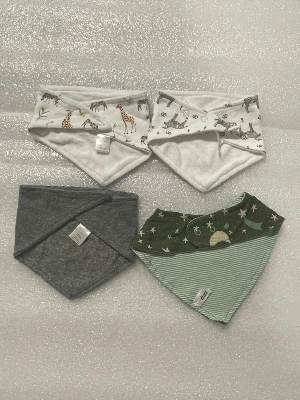 4-Pack Baby Bandana Bibs in Green, Gray & White Safari and Space Prints